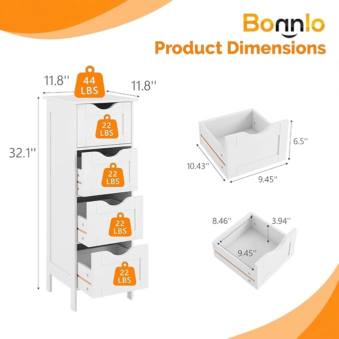 Bonnlo Skinny Bathroom Floor Storage Cabinet,White 12 Inch Wide Deep Small Storage Organizer with 4 Drawers, Wooden Modern Thin Free Standing Tower Cabinet w/ 4 Cute Drawers for Bathroom, Living Room