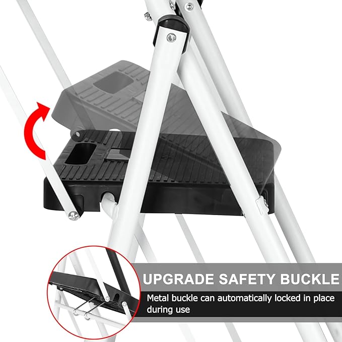 3 Step Ladder with Handrails & Attachable Tool Bag, 500 lbs Folding Step Stool Ladder, Wide Non-Slip Pedal for Kitchen Pantry Home Office, White
