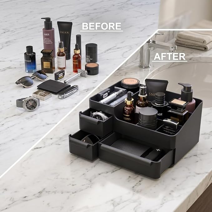 Mens Countertop Organizer for Cologne: Vanity Organizer With Drawers, Bathroom Counter Organizer for Razor, Shaving Lotion, Skincare, Deodorant, Fathers Day Gift for Dad