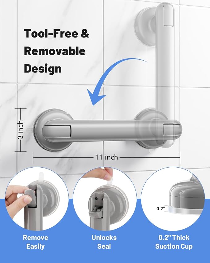 JOTPE 2 Pack Suction Cup Grab Bars for Shower, Heavy Duty Shower Handle for Bathroom Safety, Tool-Free Removable Bathtub Grab Bar for Elderly Balance Support, Grey