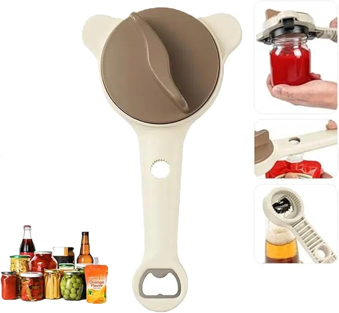 4-in-1 Jar Opener for Seniors, Easy Grip Adjustable Lid Opener for Weak Hands, Multi Function Bottle & Jar Opener, Kitchen Tool for Opening Tight Lids and Caps (Beige)