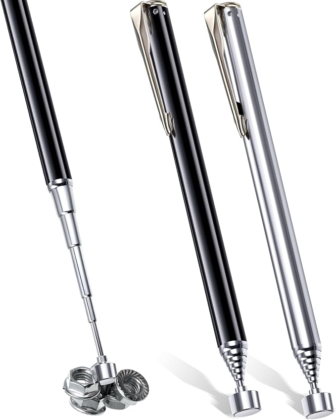 Patelai 2 Pieces Telescoping Magnetic Pick up Tool Grabbers Reacher Tools with Pocket Clip 25 Inch Telescopic Retrieving Magnet Gift for Man, Father, Mechanic, Handyman, Husband (Silver,Black)