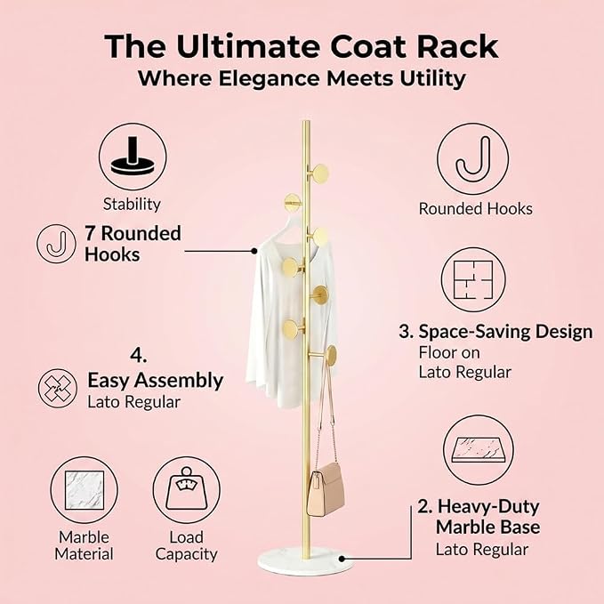 Coat Rack Freestanding Gold Clothes Rack with Marble Base & 7 Staggered Round Hooks, Heavy Duty Stable Coat Hanger Garment Stand for Entryway Bedroom, Hall Tree Racks for Clothing Hats Bags Purses