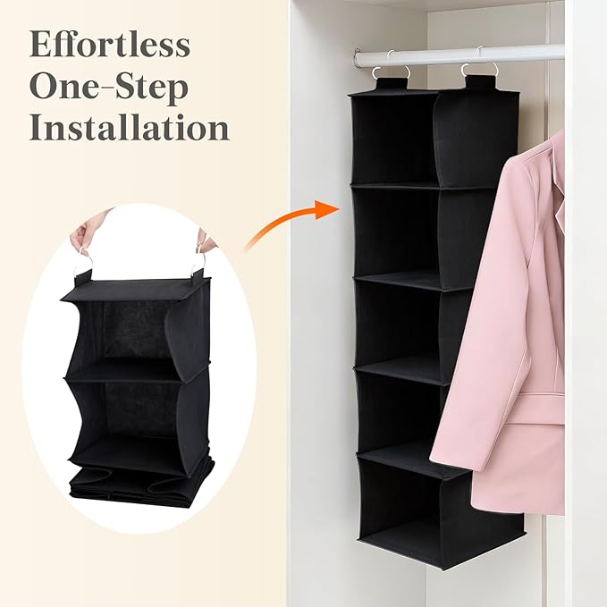 Lifewit 5 Tier Hanging Closet Organizer and Storage for Shelves, Foldable Clothes Shelf with 2 Sturdy Hooks, Sweater/Coat/Shoes Clothing Organization for Wardrobe, Dorm, Bedroom, Black