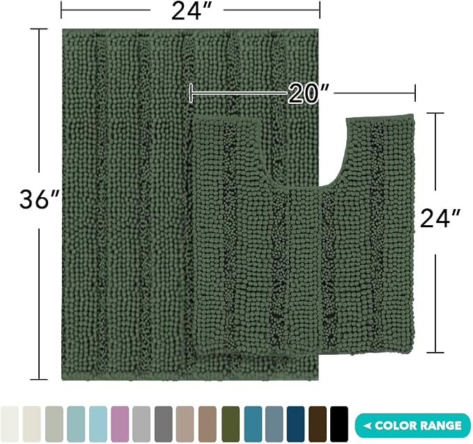 Turquoize Chenille Bathroom Rugs Set Non-Slip Bath Mats for Bathroom Super Absorbent Shaggy Rugs for Tub Shower Toilet Bath Rug Plus U Shaped Rug (Oversized: 24" x 36" and 20" x 24" U),Bronze Green