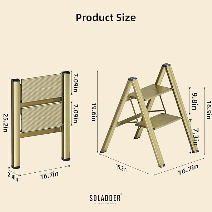 SOLADDER 2 Step Ladder, Anti-Slip and Lightweight Foldable Step Stool for Adults to Use in Kitchen, Closet and Library, 300lbs(Brown Gold)