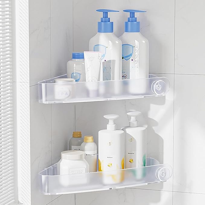 Sotfamily Plastic Shower Caddy Corner (for 90° Only), 2 Pack Adhesive Corner Shower Shelves for Bathroom Organizers and Storage, Frosted Clear