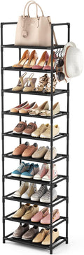 LANTEFUL 10 Tiers Tall Shoe Rack 20-25 Pairs Boots Organizer Storage Sturdy Narrow Shoe Shelf for Entryway, Closets with Hooks, Black