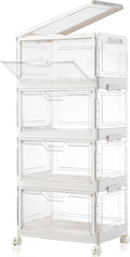 Freebat Collapsible Plastic Storage Bins with Wheels, Clear Stackable Storage Bins with Lid, Stackable Storage Bins with Open Door, Folding Storage Bins Organizer for Closet, Bedroom, Living Room