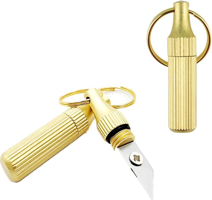 2 Pcs Brass Keychain Package Opener - Compact Multi - Function Tool with Secure Lock, Portable for Travel/Office/Daily Use, Capsule Pendant Knife for Keys Unboxing