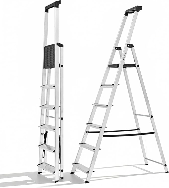 OLIXIS 6 Step Ladder, 330lbs Folding Step Stool with Anti-Slip Wide Pedal Handrails, Aluminum Stool Ladders, Safety Household Ladder for Home Kitchen Courtyard Outdoor