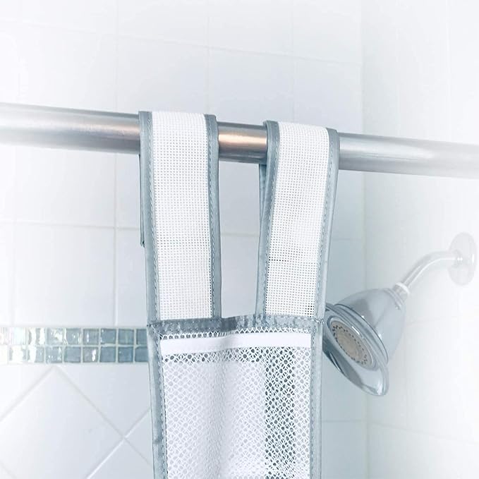 Skywin 7 Pockets Hanging Shower Curtain Liner Caddy 60 x 6 Inches - 100% Polyester Mesh Shower Caddy Hanging - Shower Organizer for Shower Rod or Door - Quick Dry Fabric with Adjustable Velcro Strap