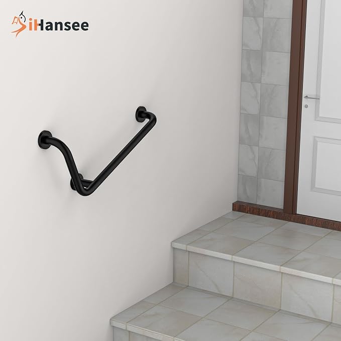 L-Shaped Angled Grab Bar 12x24 Inch Matte Black Anti-slip Knurled Shower Handles Wall Mount, 1.25" Diameter Shower Bars for Seniors Injured Balance Support, Handicap Grab Bars for Bathtubs and Showers