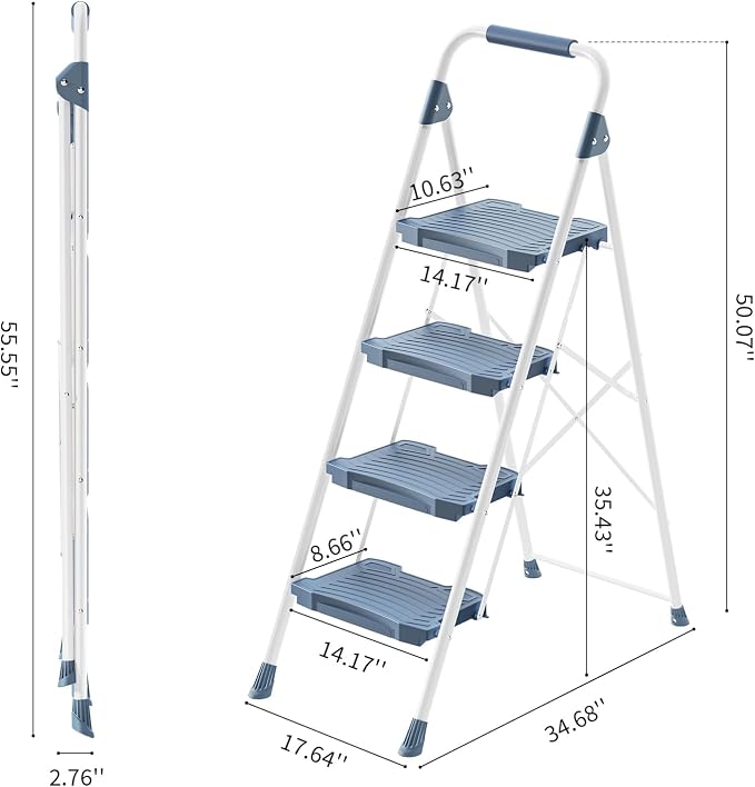 KINGRACK 4 Step Ladder, Sturdy Step Stool with Handrail, Anti-Slip Wide Pedals, Foldable Step Stool for Home, Garage, Garden, Blue, Safety Locking, Pass 900LBS Testing