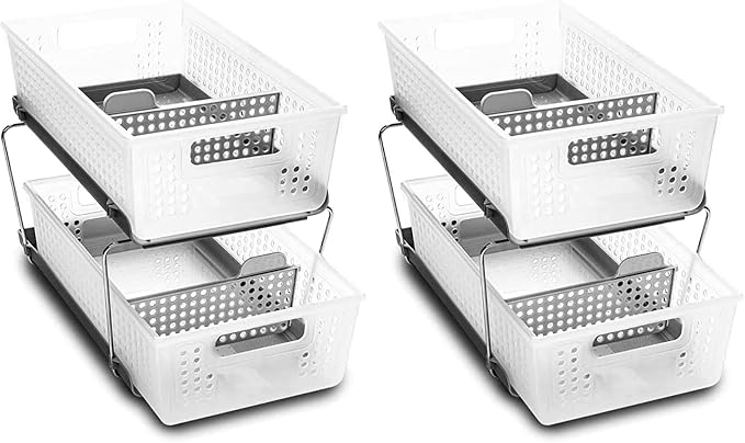 madesmart 2 Tier Bath Organizer,Undersink Storage with Sliding Drawers,for Cleaning Supplies, Pantry, Sponges,Bottles&Kitchen Essentials,Adjustable Dividers&Pull Out Sliding Baskets,Frost, (Pack of 2)