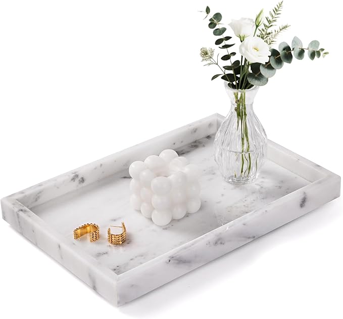 Bathroom Tray for Countertop, Marble Perfume Tray for Dresser Organizer, Marble Tray for Bathroom Counter & Home Decor, Natural Decorative Stone Vanity Trays, 12" x 8", Starry White