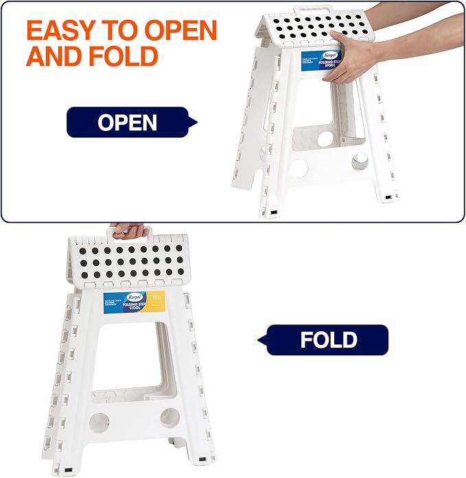 Korpai 18" Folding Step Stool for Adults and Kids Holds Up to 300 lbs,Non-Slip Folding Stools with Portable Handle, Compact Plastic Foldable Step Stool for Bathroom,Bedroom, Kitchen, White,1PC