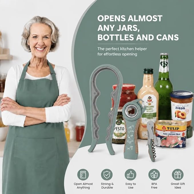 Opener | 5-in-1 Non-Slip Bottle Opener for Weak hands, Seniors with Arthritis and Anyone with Low Strength, featuring a leverage opener, a can opener, and a wine bottle opener