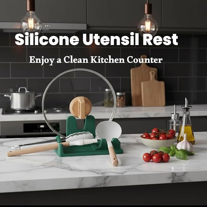 Auoon Silicone Spoon Rest with Lid Holder - 3 in 1 Kitchen Utensil Rest for Soup Ladles, Pot Lids, Spatulas, Spoons, Tongs, BPA Free & Dishwasher Safe, 8.26 x 8.06 Inch (Sea Blue, Large)