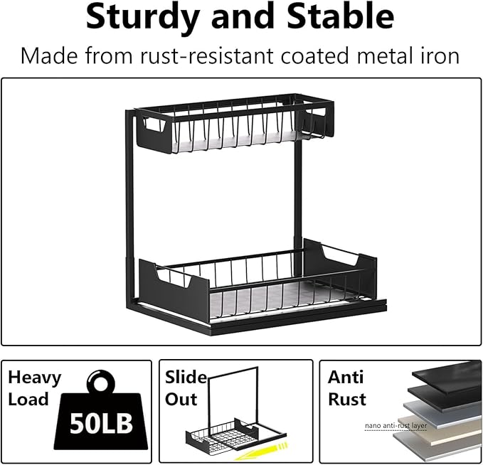 Ceetug Under Kitchen Sink Organizers and Storage Pull Out 2 Tier Metal Bathroom Cabinet Organizer (Black, 2 Pack)