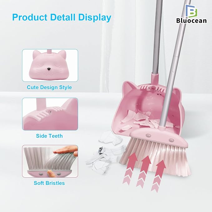 28'' Kids Mini Broom and Dustpan Set - Toddler Cleaning Toy, Toddler Household Helper, Parent-Child Interactive Play Cleaning Tool, Cute Cartoon Design, Small Safe Corner Broom (Pink)