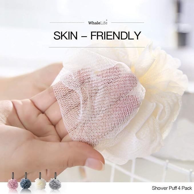Loofah Sponge Bath Sponge for Women Men 4 Pack (Pink Blue Yellow Gray)