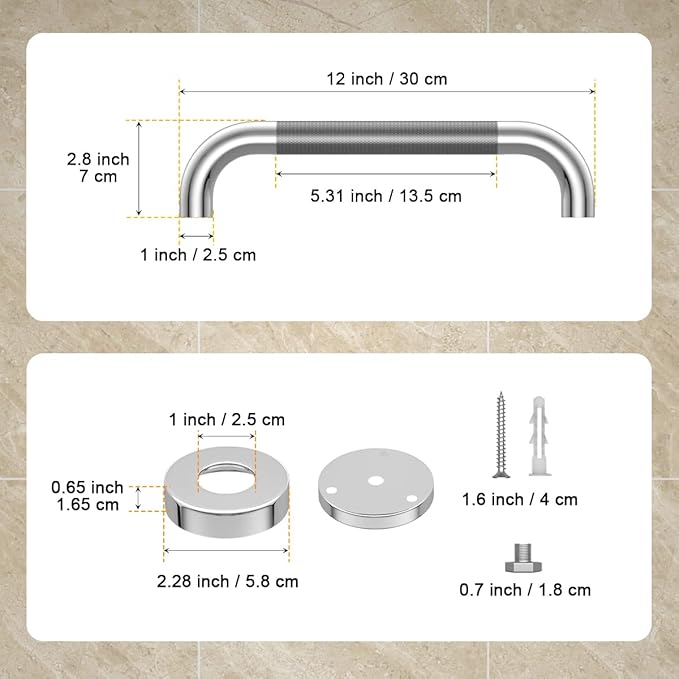 12 Inch Anti Slip Shower Grab Bar, YuanDe Chrome Finish Stainless Steel Bath Grab Bar, Knurled Bathroom Safety Rail, Shower Handrail Support, Handicap Elderly Injury Senior Balance Assist Handles