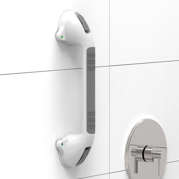 16.5inch Suction Bath Grab Bar with Indicators, Balance Assist Bathroom Shower Handle (White/Grey, Pack of 1)