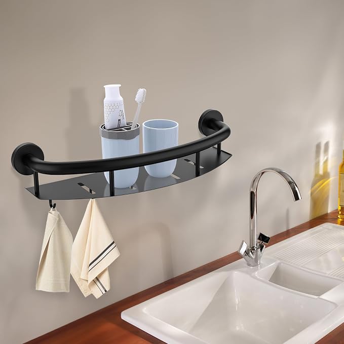 Black Shower Grab Bar Shelf 18 Inch, Zepolu Stainless Steel Shampoo Shelf Grab Bar, Wall Mount Bathroom Shelves Safety Balanced Support Bar Handrail Assist Handle for Elderly Senior Handicap