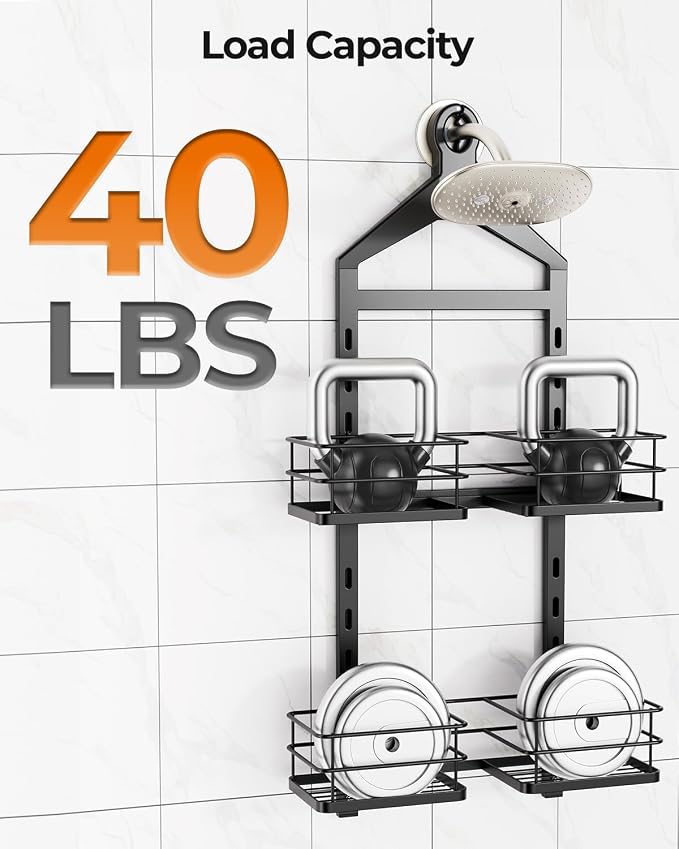 ODesign 2 Tier Height-Adjustable Partition Shower Caddy Hanging Anti-Swing-Over The Shower Head Caddy Storage Organizer Bathroom Shelves Basket-Black