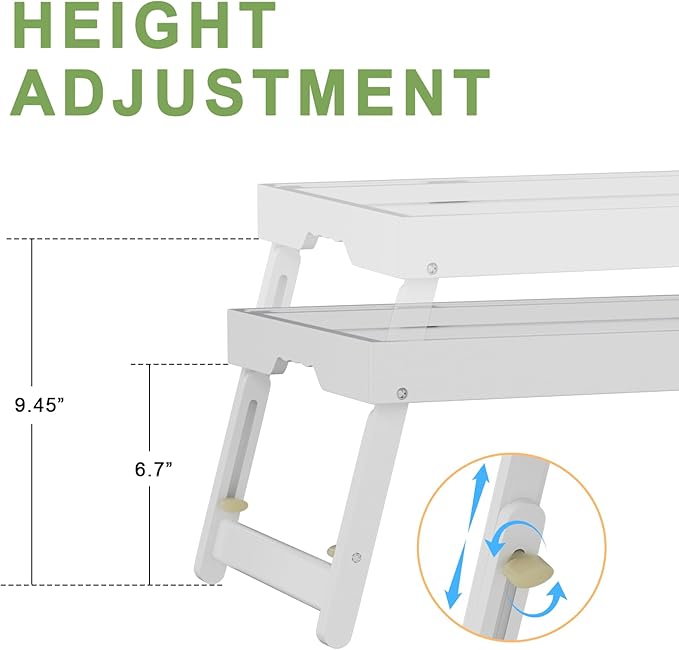 Artmeer Bed Tray Table with Folding Legs, Bamboo Breakfast Food Tray with Media Slot, Use As Platter, Laptop Desk, Snack, TV Tray Kitchen Serving Tray (White Large Adjustable Legs)