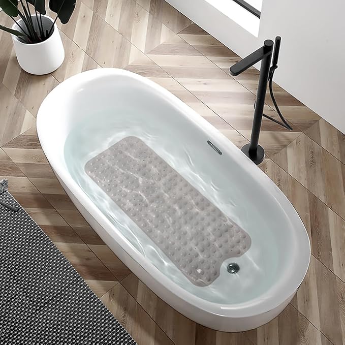 Bathtub and Shower Mats, Extra Long Non-Slip Bath Tub Mat 39 x 16 Inch, Machine Washable Bathmat with Suction Cups & Drain Holes for Bathroom Floor, Tan