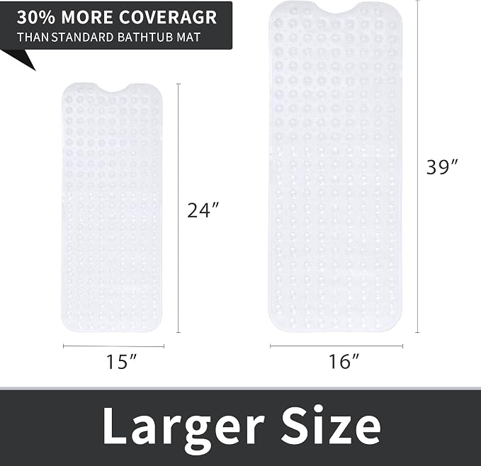 ROSMARUS Shower Mat Extra Long 16” x 39” Non-Slip Bath Mat for Tub with Suction Cups and Drain Holes Bathtub Mats for Kids, Baby, Bathroom Shower Floor Mat Anti Slip Bathtub Accessories, Clear