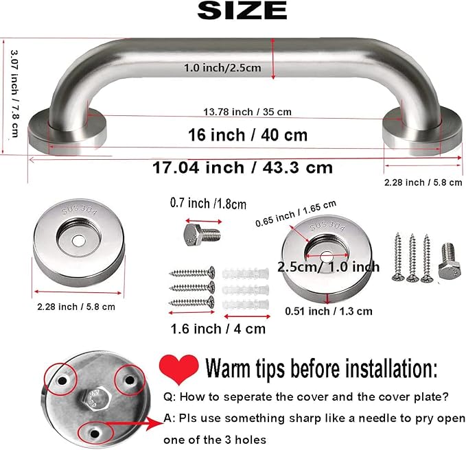 Brushed Nickel Grab Bar 16 Inch 2 Pack, iMomwee Stainless Steel Safety Grip Bar for Elderly, Shower Handrail Toilet Support Bar, Wall Mounted Bathroom Handicap Bars Bath Assist Handle for Senior