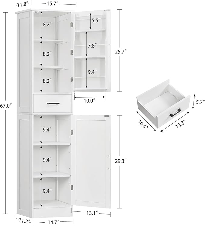 TEENFON Tall Storage Cabinet with 3 Door Shelves & 1 Drawer, Narrow Kitchen Pantry Cabinet for Living Room, Bathroom, Entryway, White