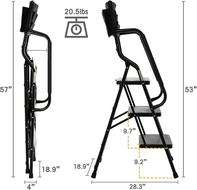 Wiberwi 3 Step Ladder with Handrails 500 lb Capacity Step Stool Folding Portable Ladders for Home Kitchen Steel Frame with Non-Slip Wide Pedal Stepladder with Attachable Tool Bag Black