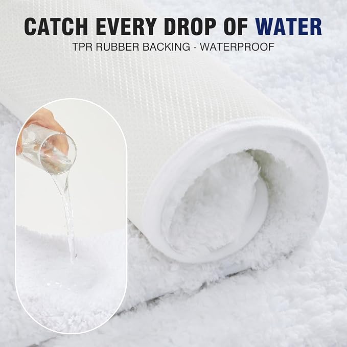 TECHMILLY U Shaped Super Soft Shaggy Bathroom Rugs, Absorbent Thick Non Slip Microfiber Toilet Rugs, Quick Dry Machine Washable Bath Mat for Bathroom Floor, Bathtub and Shower 24"x20" White