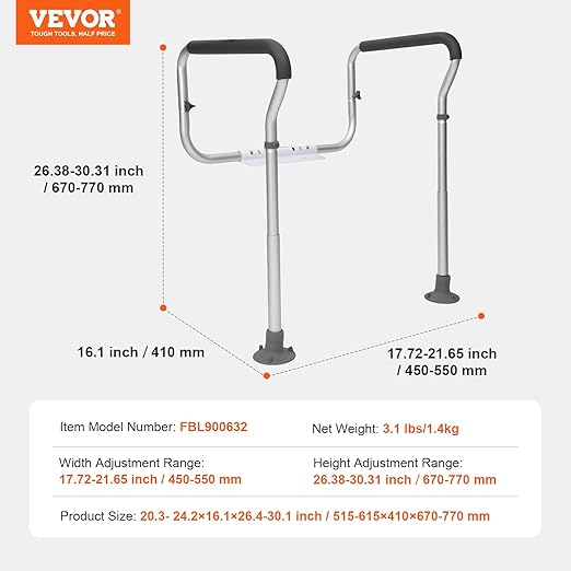 VEVOR Toilet Safety Rail, Bathroom Toilet Seat Safety Frame, Adjustable Width & Height Fit Most Toilets, 300lbs Capacity, Medical Toilet Handles with Padded Armrests for Handicap, Elderly, Disabled
