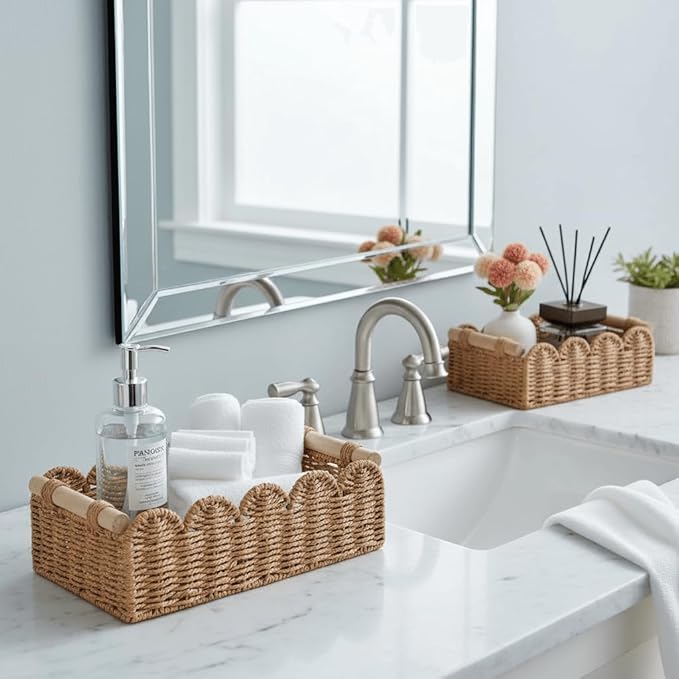 CubesLand Toilet Paper Storage Organizer Basket, Scalloped Decorative Baskets for Over Toilet Shelves, Wicker Small Basket Perfect for Home Countertop Storage & Decor, Living Room Shelf Decor, Neutral