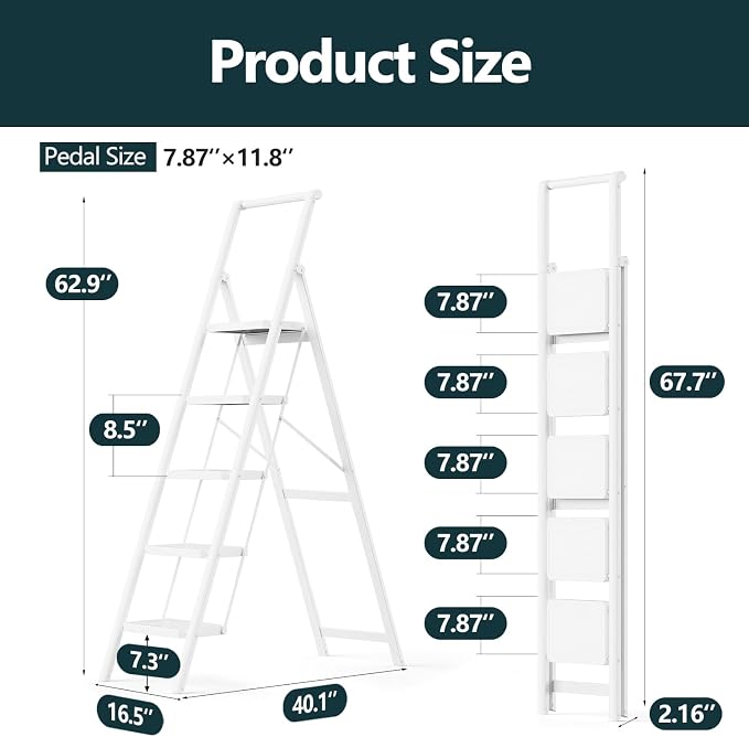 WOA WOA Step Ladder for Home, Foldable Step Stool for Kitchen with Non-Slip Pedals, Sturdy Ladders Supports up to 330 lbs, Compact and Portable - 5 Step with Handle/White