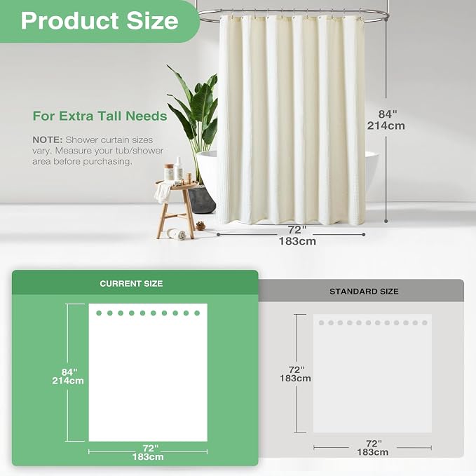 Dynamene Extra Long Fabric Shower Curtain， Waffle Weave 84 Inches Long Heavy Duty Cloth Shower Curtains for Bathroom, 256GSM Hotel Luxury Bath Curtain Set with 12 Plastic Hooks(72Wx84H, Cream/Ivory)