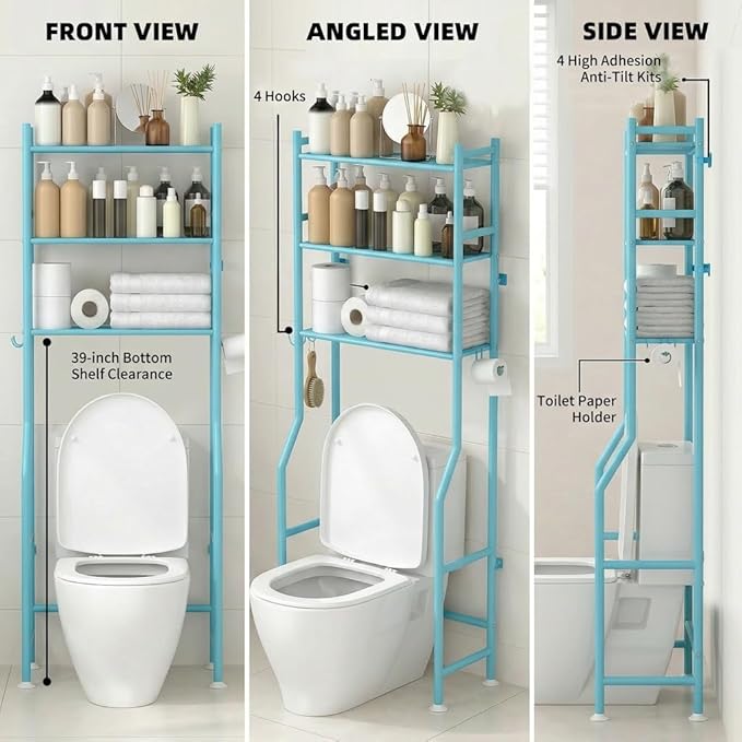 GloTika 3-Tier Over Toilet Storage with Anti-Tilt Safety System - 150lb Total Capacity Metal Bathroom Shelves Including Paper Holder & 4 Hooks, Space Saving Above Commode Organizer (64" H, Blue)