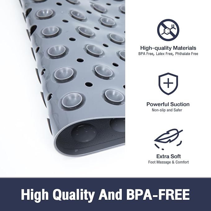 Extra Long Gray Bathtub Mat Non Slip, Soft Bath Mat for Tub 40 x 16 Inch Full Size, Bath Tub Shower Mats for Bathroom Floor with Big Suction Cups and Drain Holes, Easy Washable, BPA Free