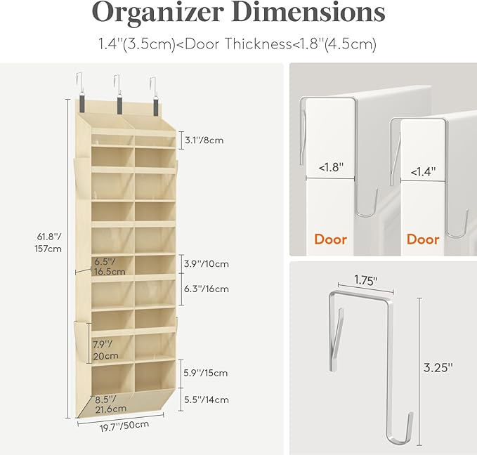 Lifewit 1 Pack Over the Door Organizer, 12 Section Clear Window Hanging Storage with 4 Side Pockets, Sturdy Anti Tilt 40 lbs Load Behind Door for Closet, Bedroom, Bathroom, Nursery, Dorm, Beige