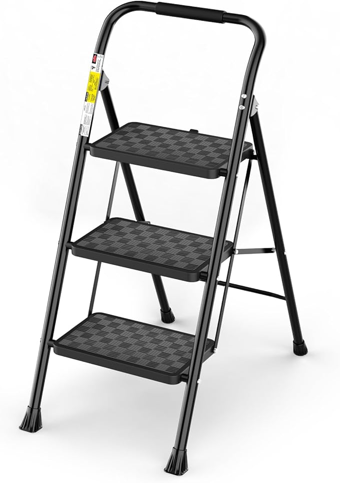 HBTower 3 Step Ladder, Step Stool Foldable for Adults with Wide Anti-Slip Pedal, Lightweight 3 Step Ladders for Home, Black