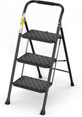 HBTower 3 Step Ladder, Step Stool Foldable for Adults with Wide Anti-Slip Pedal, Lightweight 3 Step Ladders for Home, Black