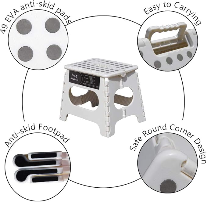 Non-Slip Folding Step Stool, Sturdy Safe Enough - Holds up to 300 Lbs - 11 inch Footstool for Adults or Kids, Folding Ladder Storage/Opens Easy, for Kitchen,Toilet,Camping (White/Gray Dot, 11'')