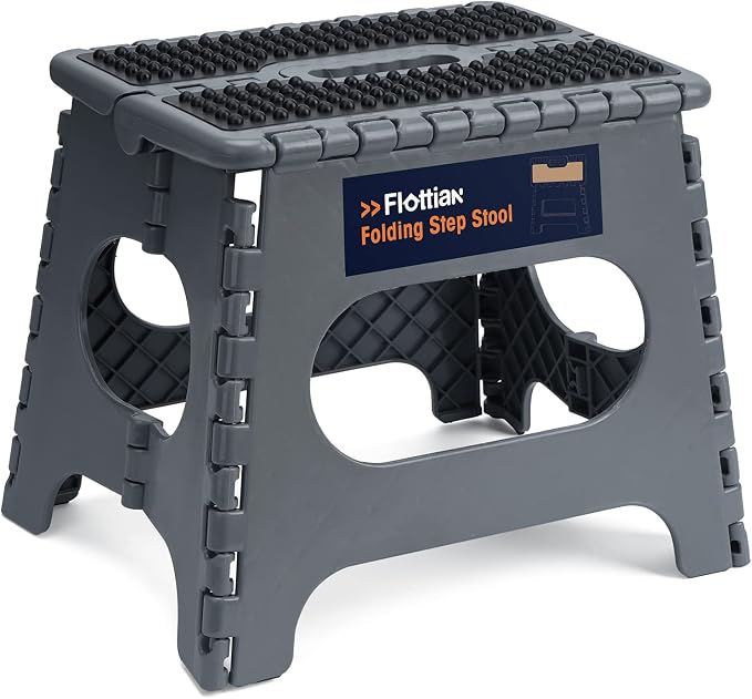 Flottian 11" Folding Step Stool for Adults and Kids Holds Up to 300 lbs,Non-Slip Folding Stools with Portable Handle, Compact Plastic Foldable Step Stool for Bathroom,Bedroom, Kitchen Gray