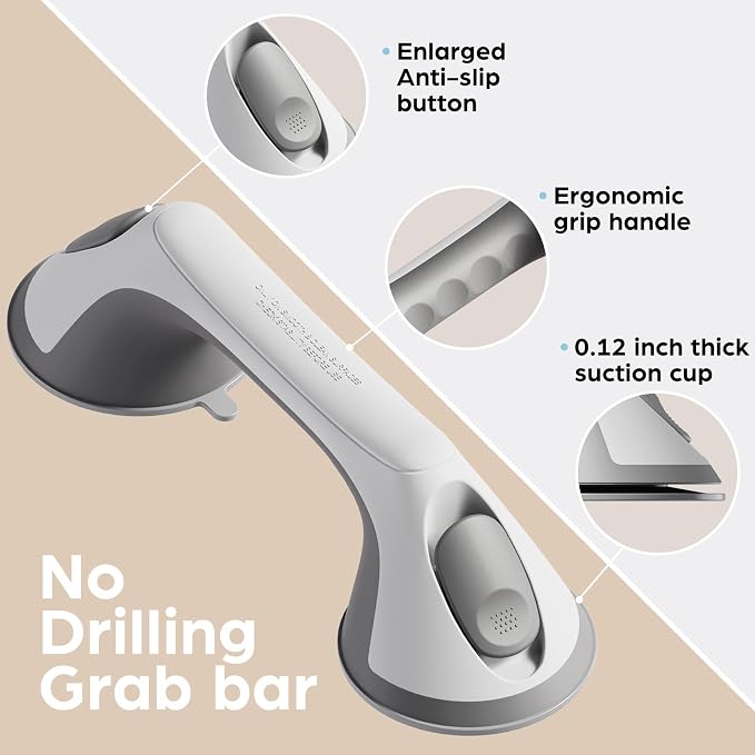 2 Pack 12 Inch Grab Bars for Bathtubs and Showers for Seniors, Heavy Duty Shower Handle for Elderly, Suction Cup Removable Handrails Handicap Bath Grip Bathroom Upgrade Safety Grips (Gray)