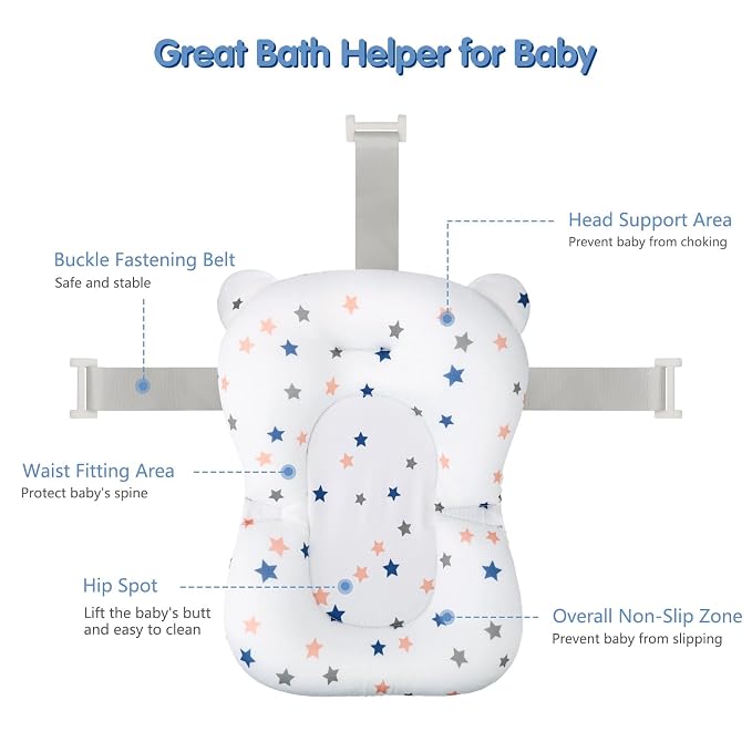 Colorlife Baby Bath Seat Support Net Infant Bathing Seat Support Mat, Adjustable Comfortable Non-Slip Three-Pointed Baby Shower Bathtub Sit Up Mesh for Newborn 0-12 Months-White Star(No Bathtub)
